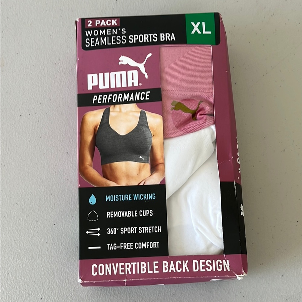 PUMA Performance Seamless Sports Bra 2-Pack - Pink and White